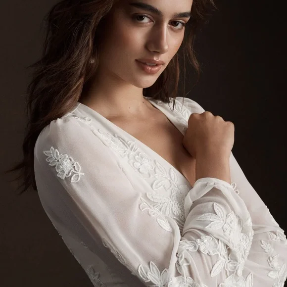 BHLDN Anthropologie Nassau DeepV Embroidered Side Slit Wedding Gown Ivory Size18 - Picture 10 of 11